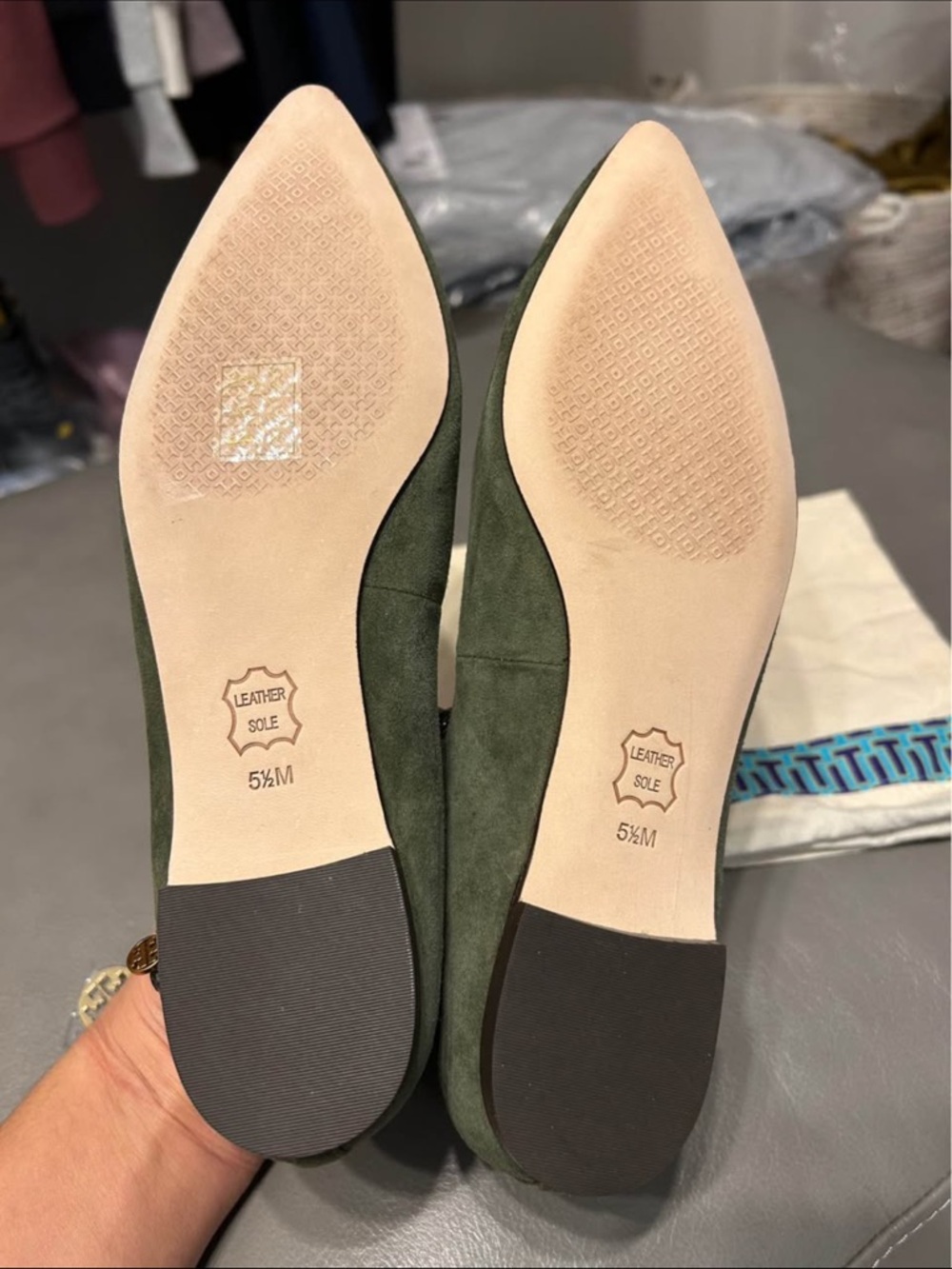 Tory Burch Olive Suede T-Strap Ballet Flat - Picture 7 of 8